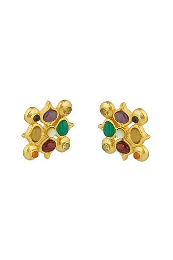 Gold Finish Navratna Stone Stud Earrings
