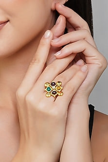 Gold Finish Navratna Stone Ring
