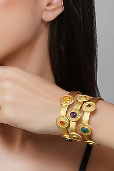 Gold Finish Navratna Stone Cuff Bracelet