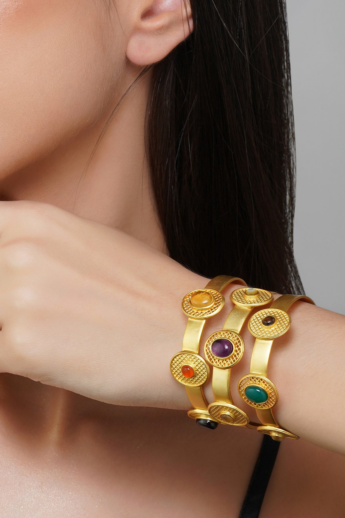 Gold Finish Navratna Stone Cuff Bracelet