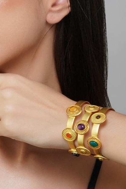 Gold Finish Navratna Stone Cuff Bracelet