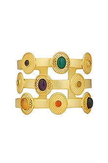Gold Finish Navratna Stone Cuff Bracelet
