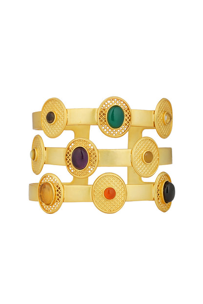 Gold Finish Navratna Stone Cuff Bracelet