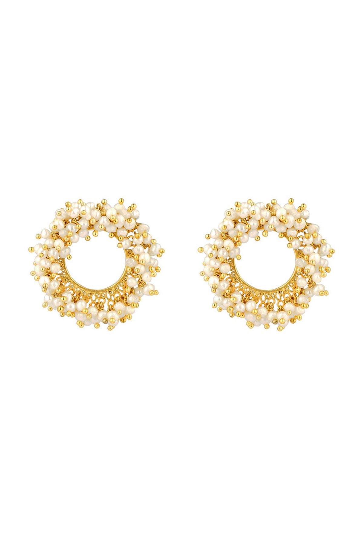 Gold Plated White Pearls Round Stud Earrings