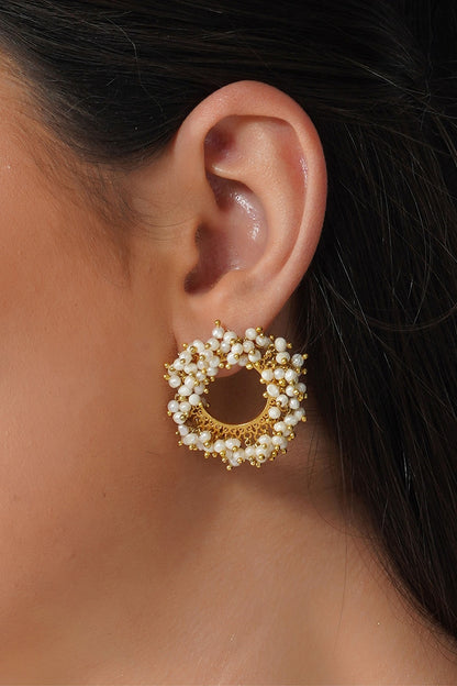 Gold Plated White Pearls Round Stud Earrings