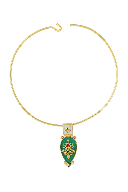 Gold Plated Green Onyx Enameled Pendant Necklace