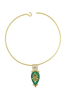 Gold Plated Green Onyx Enameled Pendant Necklace