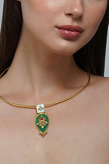 Gold Plated Green Onyx Enameled Pendant Necklace