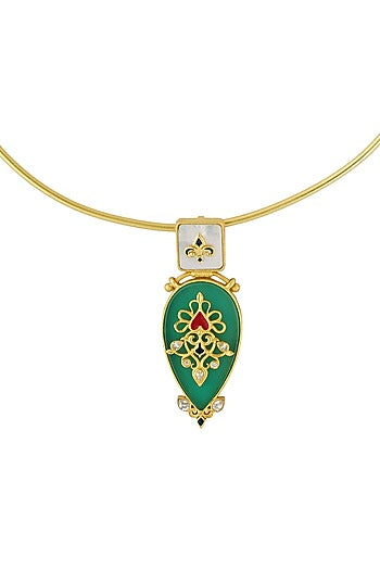 Gold Plated Green Onyx Enameled Pendant Necklace