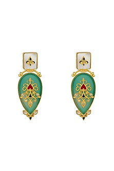 Gold Plated Green Onyx Enameled Earrings