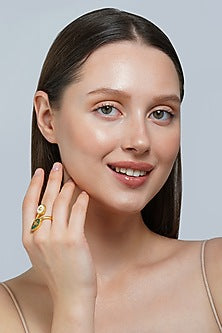 Gold Plated Green Onyx Enameled Ring