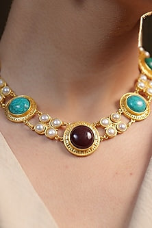 Gold Finish Turquoise Malachite & Pearl Choker Necklace
