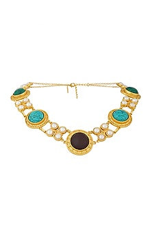 Gold Finish Turquoise Malachite & Pearl Choker Necklace