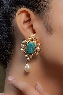Gold Plated Turquoise Stone & Baroque Pearl Earrings