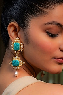 Gold Plated Turquoise Stone & Pearl Earrings
