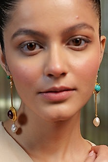 Gold Plated Pearl & Turquoise Malachite Earrings