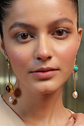 Gold Plated Pearl & Turquoise Malachite Earrings