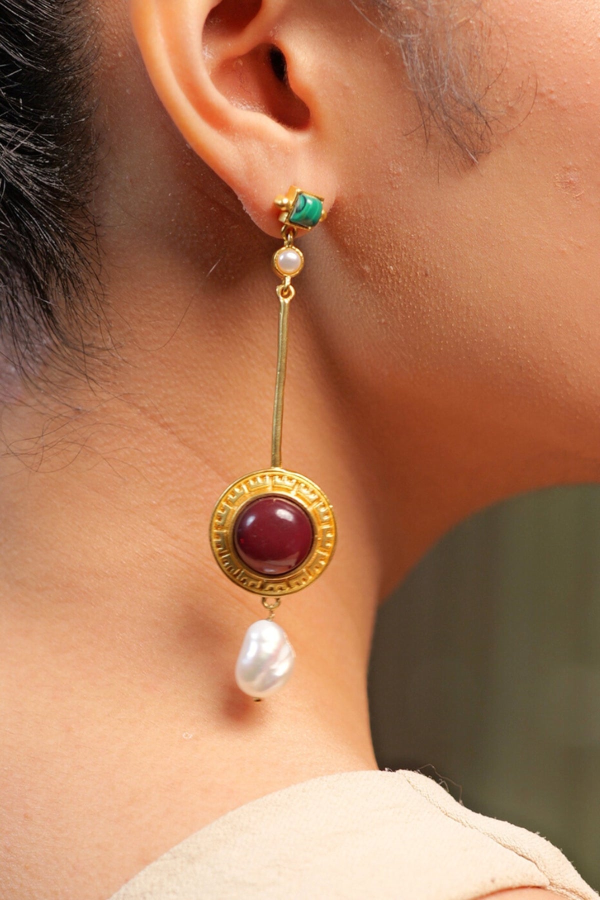 Gold Plated Pearl & Turquoise Malachite Earrings