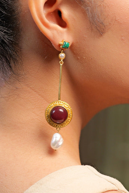 Gold Plated Pearl & Turquoise Malachite Earrings