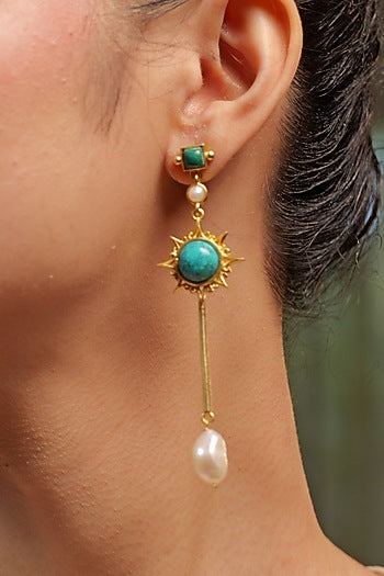 Gold Plated Pearl & Turquoise Malachite Earrings