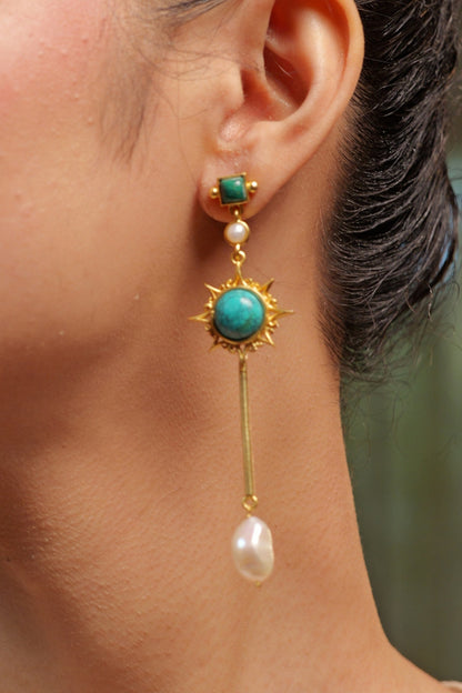 Gold Plated Pearl & Turquoise Malachite Earrings