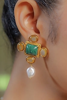 Gold Plated Baroque Pearl & Malachite Earrings