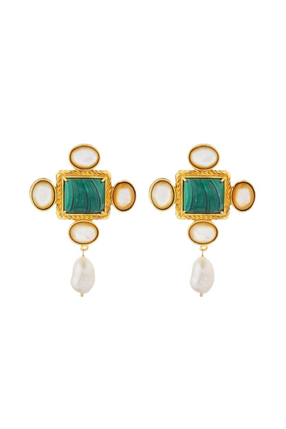 Gold Plated Baroque Pearl & Malachite Earrings