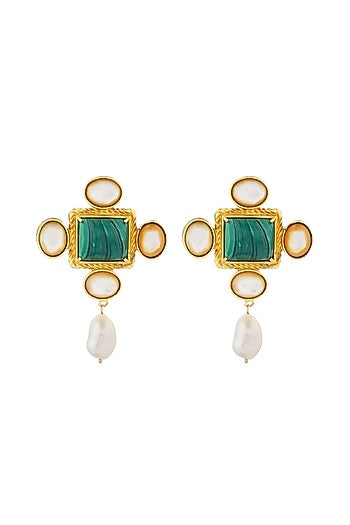 Gold Plated Baroque Pearl & Malachite Earrings