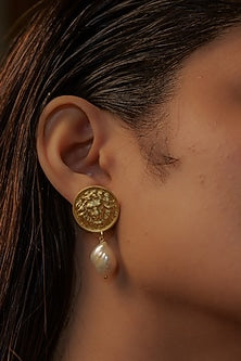 Gold Plated Baroque Pearl & Coin Earrings