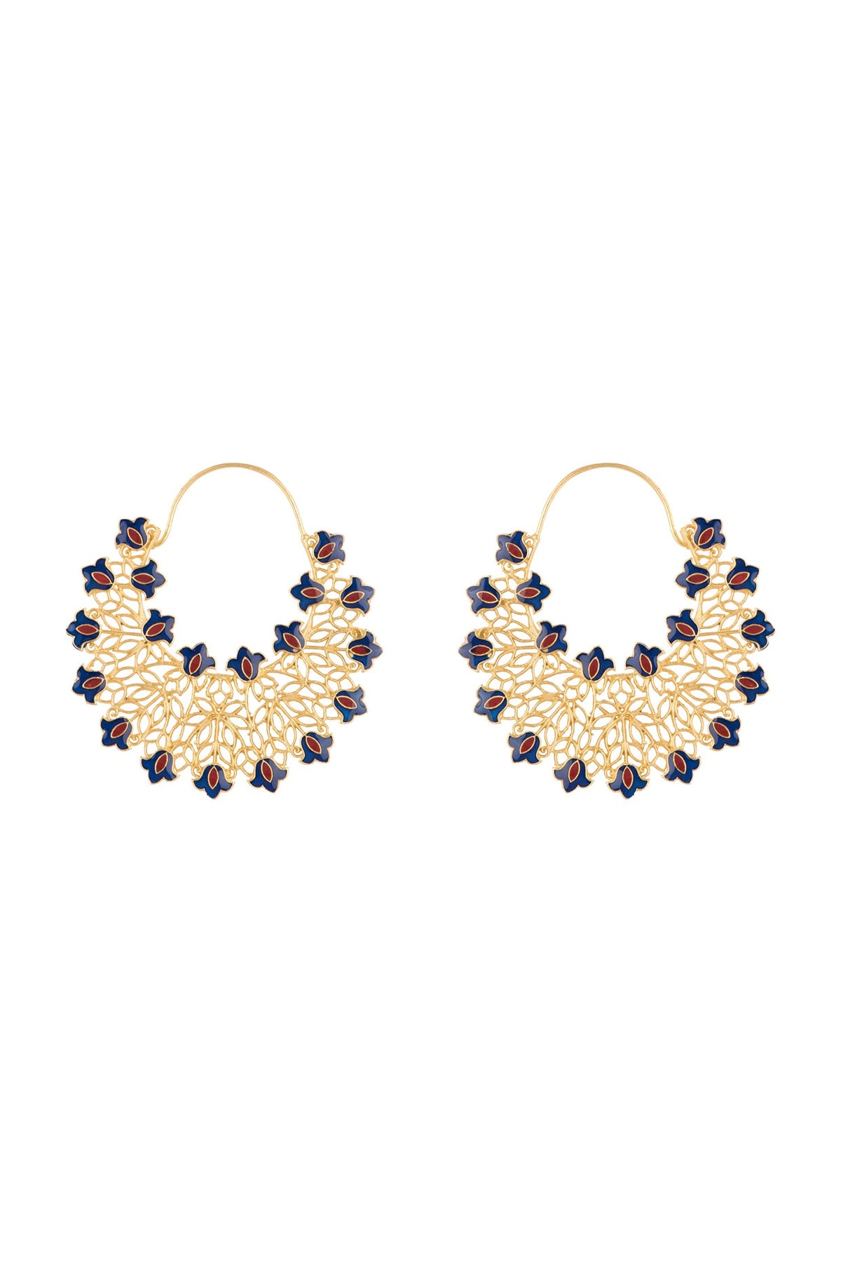 Gold Polish Enameled Floral Hoop Earrings