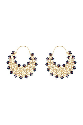 Gold Polish Enameled Floral Hoop Earrings
