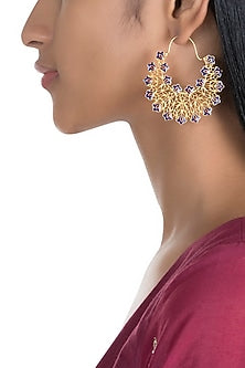 Gold Polish Enameled Floral Hoop Earrings