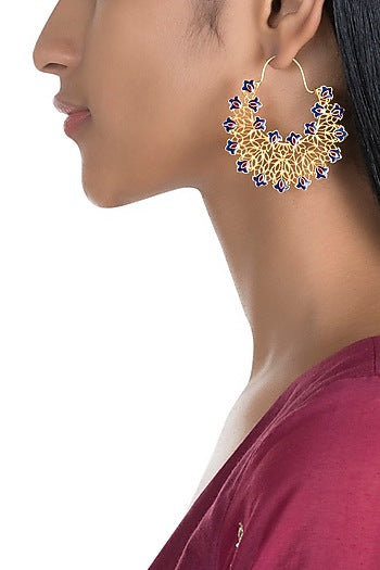 Gold Polish Enameled Floral Hoop Earrings