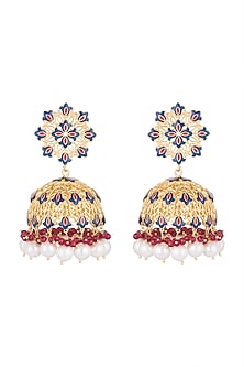 Gold Polish Enameled Pearl Jhumka Earrings
