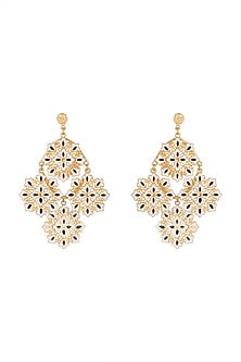 Gold Polish White & Black Enameled Floral Earrings