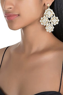 Gold Polish White & Black Enameled Floral Earrings