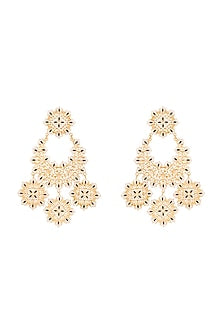 Gold Polish White & Black Enameled Floral Long Earrings