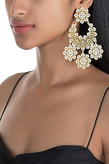 Gold Polish White & Black Enameled Floral Long Earrings