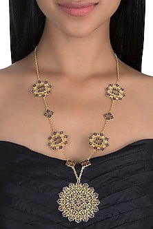 Gold Polish Enameled Floral Pendant Necklace