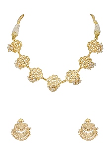 Gold Finish Choker Necklace Set With Pearls