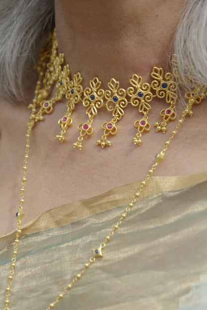 Gold Plated Blue & Red Cubic Zirconia Choker Necklace
