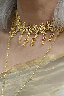 Gold Plated Blue & Red Cubic Zirconia Choker Necklace