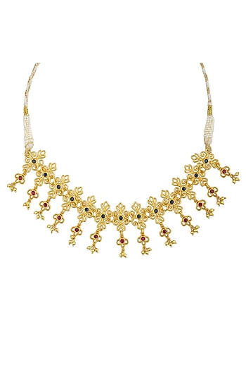 Gold Plated Blue & Red Cubic Zirconia Choker Necklace