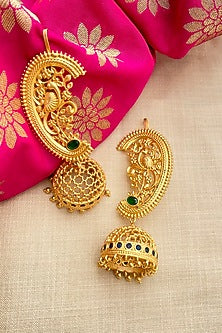 Gold Plated Cubic Zirconia & Pearl Drop Jhumka Earrings