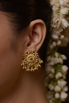 Gold Plated Cubic Zirconia & Bead Drop Floral Dangler Earrings