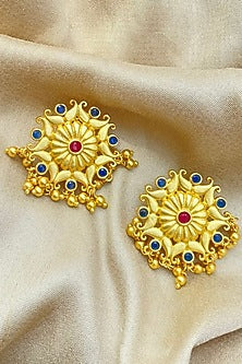 Gold Plated Cubic Zirconia & Bead Drop Floral Dangler Earrings