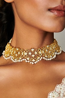 Gold Plated Motif & Pearl Choker Necklace