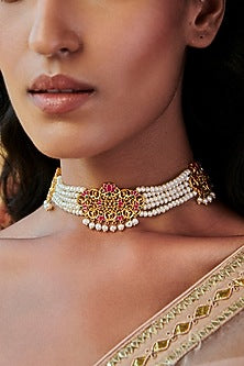 Gold Plated Choker Necklace With Pearls