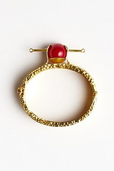 Gold Finish Engulfed Metal Leave & Red Coral Stone Bracelet