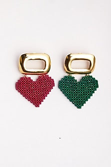 Gold Finish Red & Green Crystal Heart Stud Earrings